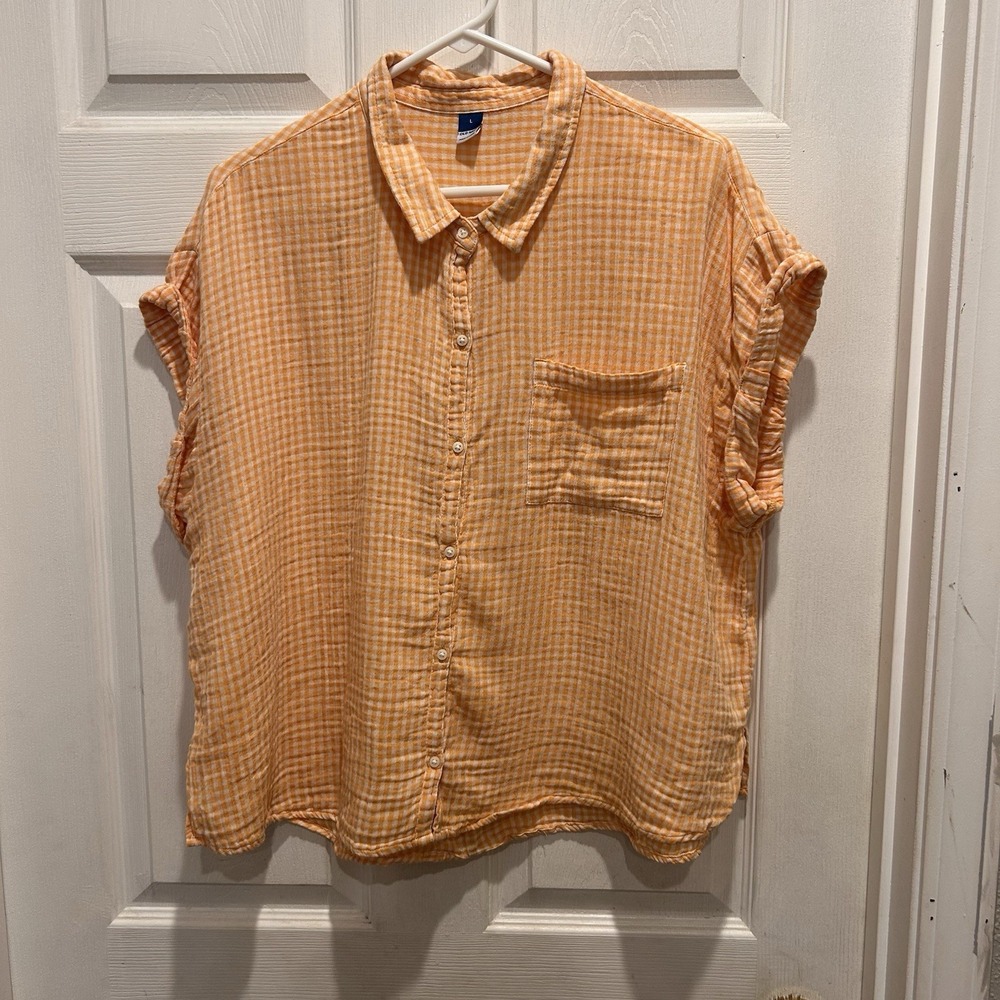 Old Navy Womens Large Orange Gingham Gauze Button Down Short Sleeve Shirt Cotton